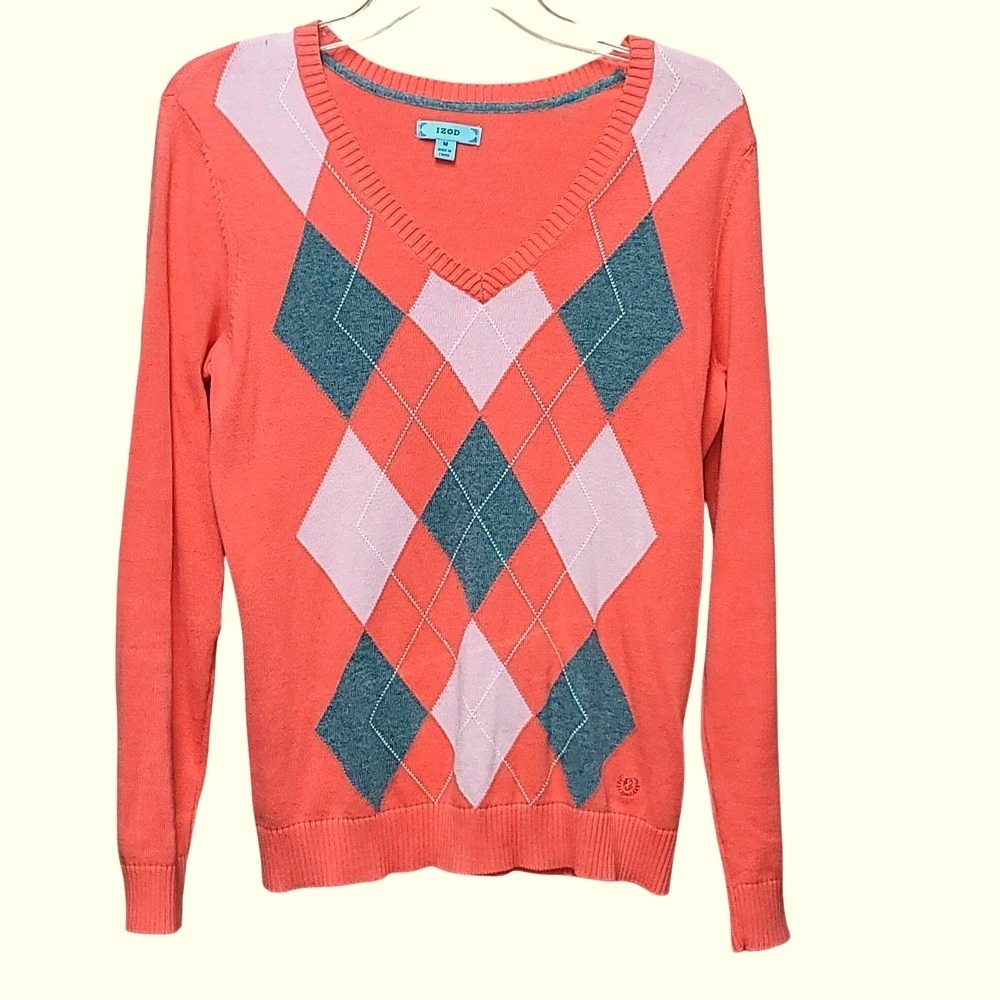 Izod Women's Pullover Argyle V-Neck Knit Sweater M Academia Golf Classic‎ Preppy